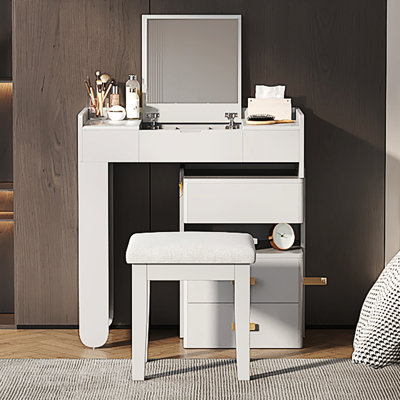 Bureau de coiffeuse 3 en 1 avec miroir rabattable, éclairage à DEL, longueur réglable et tiroirs spacieux - Coiffeuse multifonctionnelle élégante pour la maison, blanc