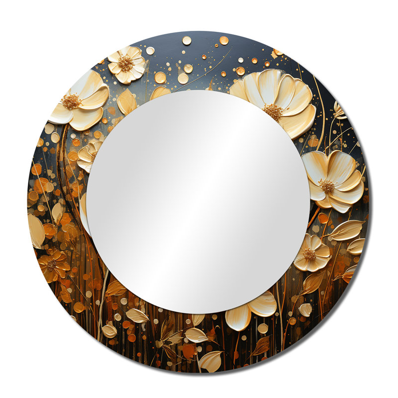 Wildflowers Golden Petals Pointillism Dot - miroir fleurs sauvages, miroir mural rond jaune, impression sur métal
