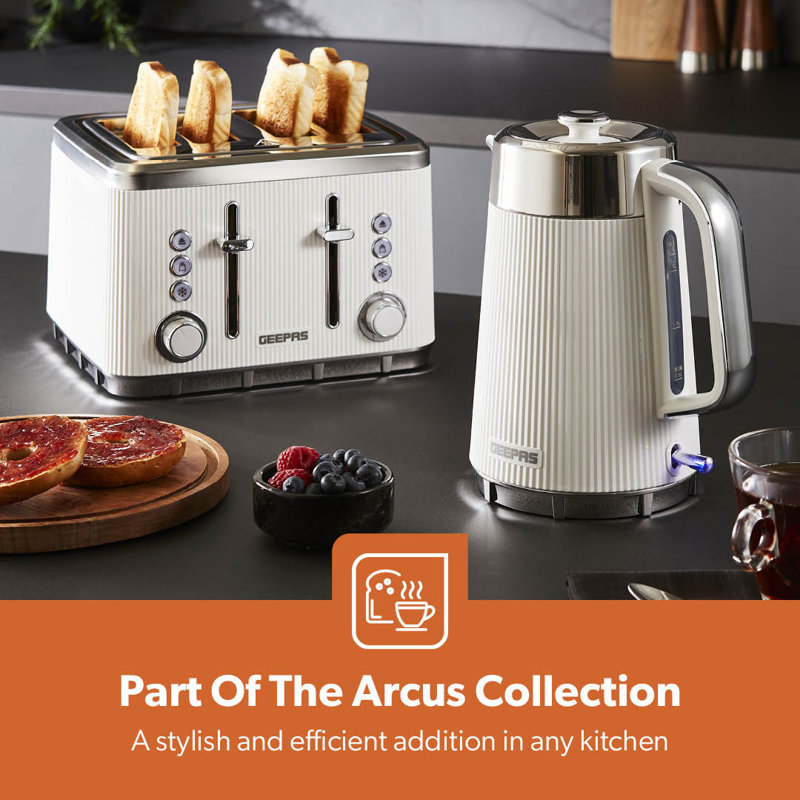 GEEPAS 1.7L Electric Kettle Rapid Boil Cordless Jug Kettle 360° Swivel Base Arcus 3000W, White/Sliver