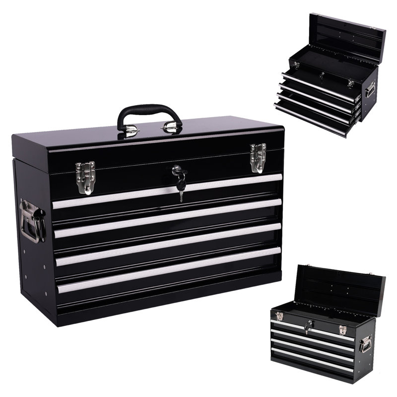 21 - Inch Metal Tool Box With 4 Drawers, Bearing Tracks, Auto Locking, Padding For Portable Multi Function Organizer, Slides Stable Sliding