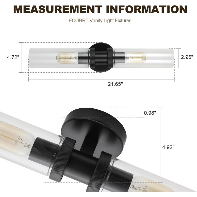 Luminaire de salle de bain moderne à 2 lumières avec abat-jour en verre transparent, applique murale réglable pour miroir, couloir et éclairage de cuisine