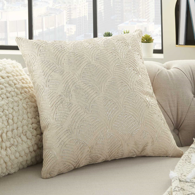 Ivory and Silver Embroidered Cotton Square Throw Pillow
