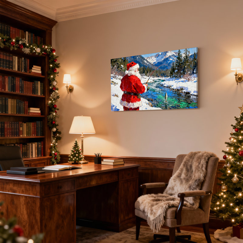 «Christmas Santa Fishing in Snowy Mountain Stream», ensemble de 3 impressions sur toile, H 20 po x l 30 po