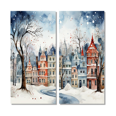 Christmas Village In Winter III - White Canvas Wall Art