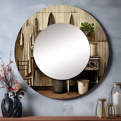 Farmhouse Laundry Charm III - miroir à linge, miroir mural rond beige, impression sur métal