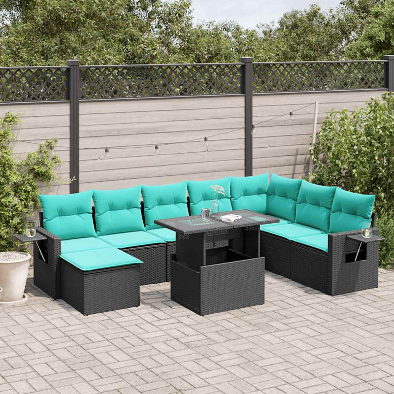 Ensemble de canapé de patio 9 pièces avec coussins en rotin de polyester, Bleu clair, Noir