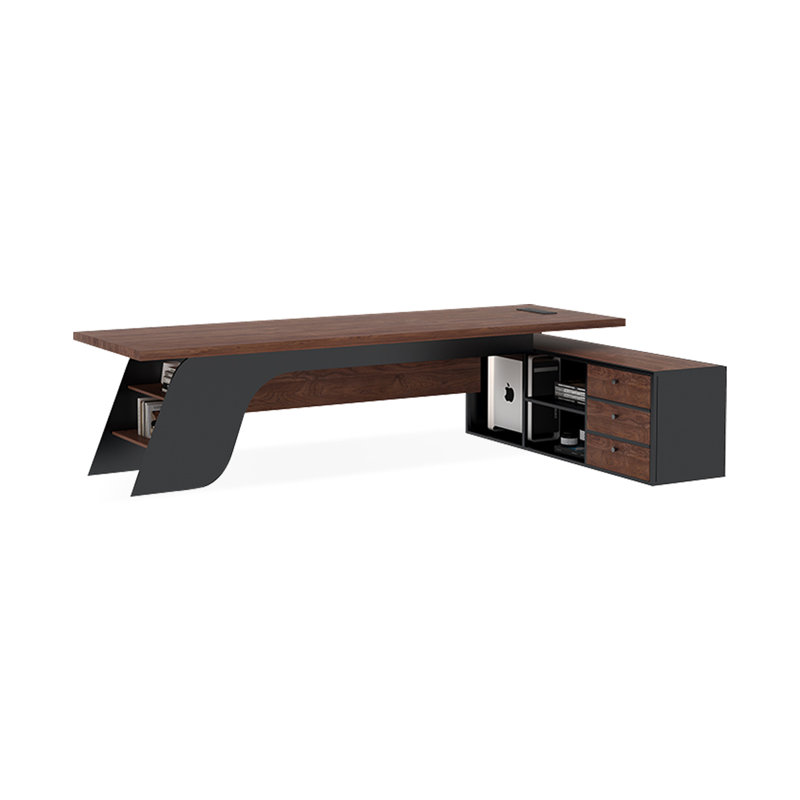 Bureau en bois massif en forme de L brun noyer + noir + acier au carbone avec 3 tiroirs, H 29,53 po x l 78,74 po x P 59,06 po