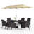 8-Piece Metal Steel Outdoor Rattan Wicker Dining Set With Umbrella, Navy Blue Cushions, Rectangular Dining Table-117434833