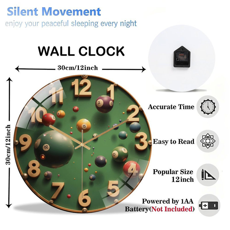 Colorful Billiard Pool Balls for Game Room Decor Art - 12'' Modern Glass Wall Clock
