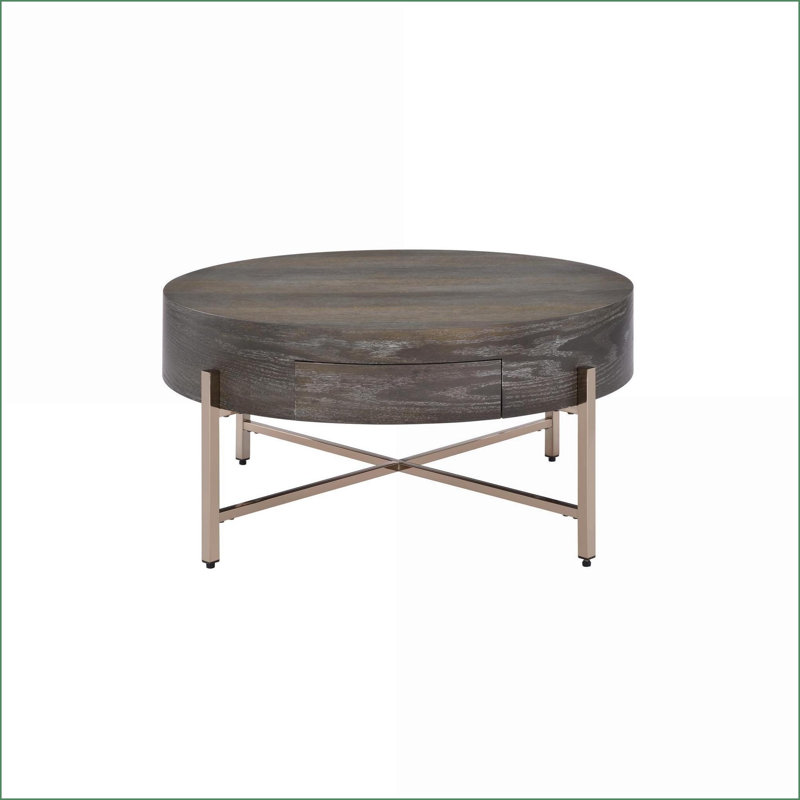 Brun clair & amp; Table basse à tambour Champagne avec base en métal - Tiroir de rangement pour le salon