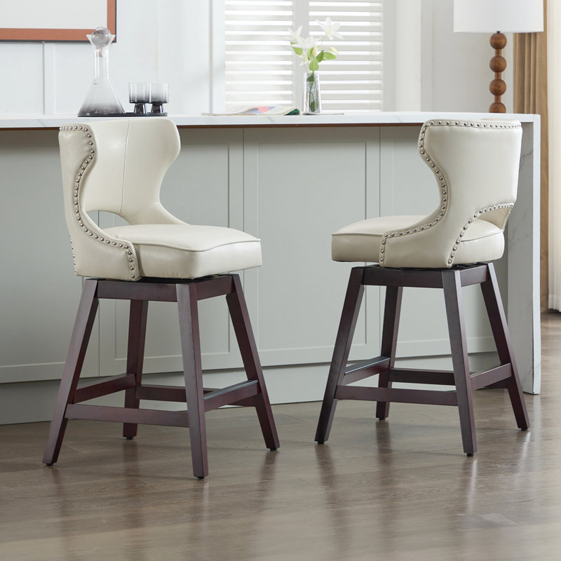 26" Solid Wood Swivel Counter Stool, Beige, 2