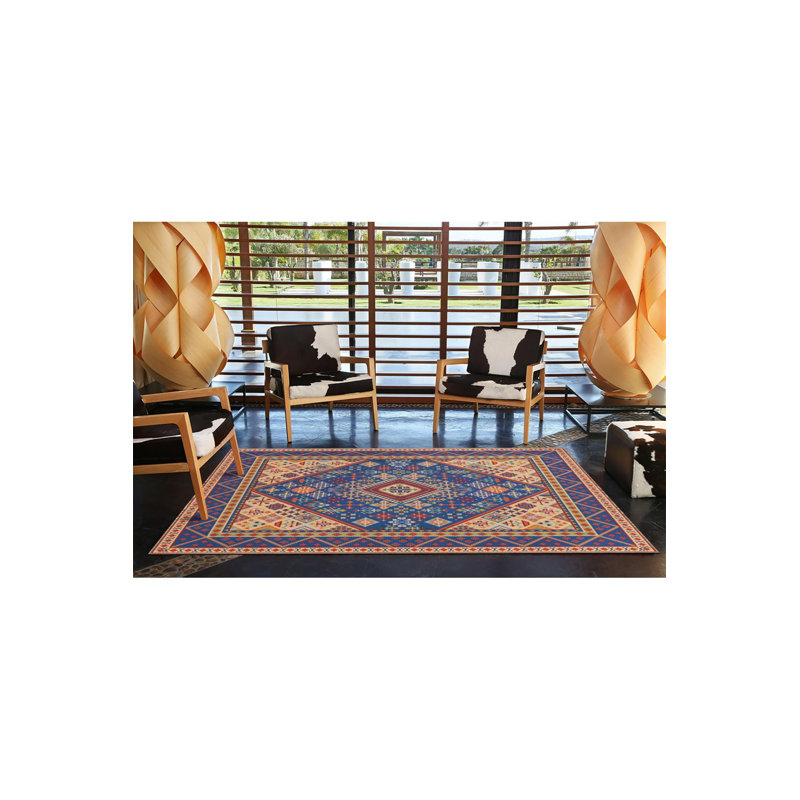 Tapis bleu lavable à motifs tissés, Sous-tapis carré 3 pi 11 po inclus