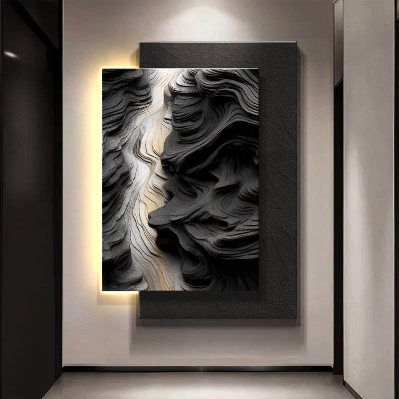 Peinture d'entrée abstraite 27,56 "haut de gamme en noir, blanc et gris, 39.37" H x27.56" W x0.94" D