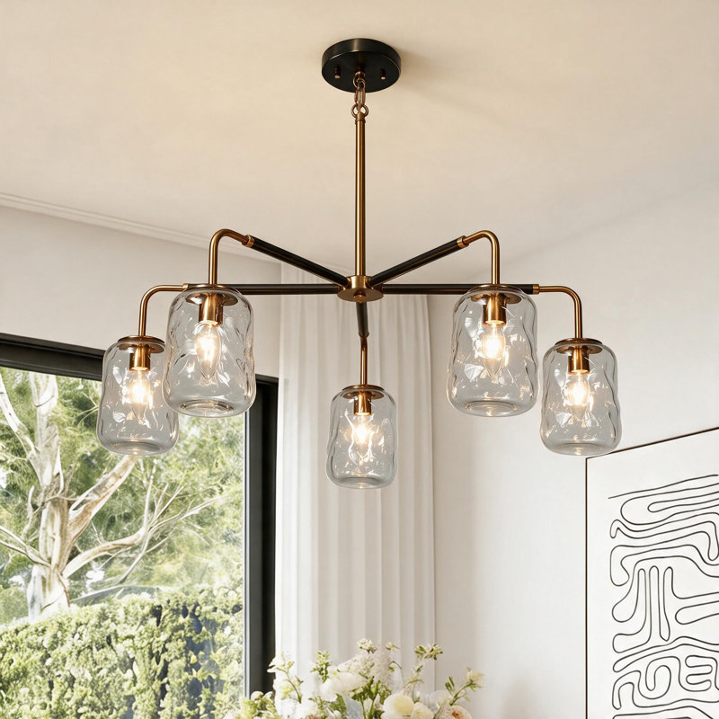 Lustre Sputnik à 5 lumières Bergeson, à intensité variable, avec abat-jour en verre ondulé soufflé à la main