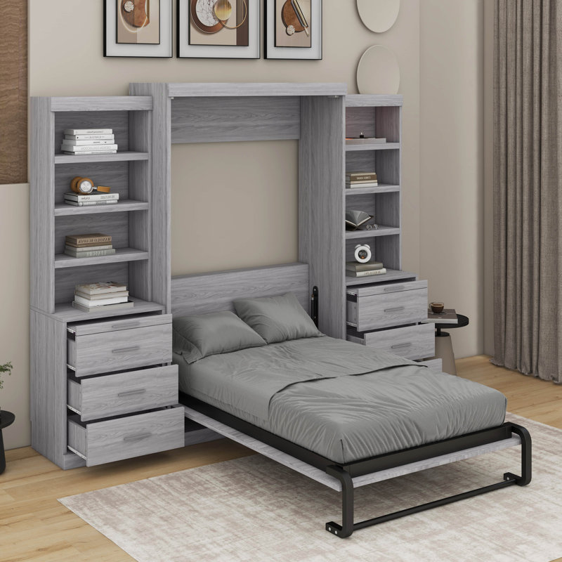 Lit escamotable double avec tablettes et tiroirs