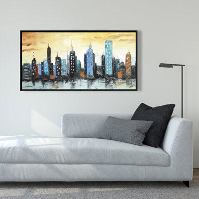 Skyline on Cityscape - Blue Building Framed Canvas Art