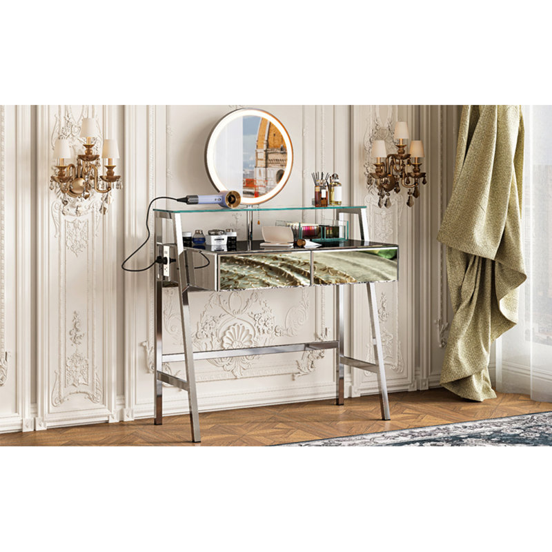 Bureau de maquillage avec miroir et lumières, coiffeuse à miroir avec 2 grands tiroirs et tablette ouverte, coiffeuse avec station de charge pour la chambre à coucher, argent