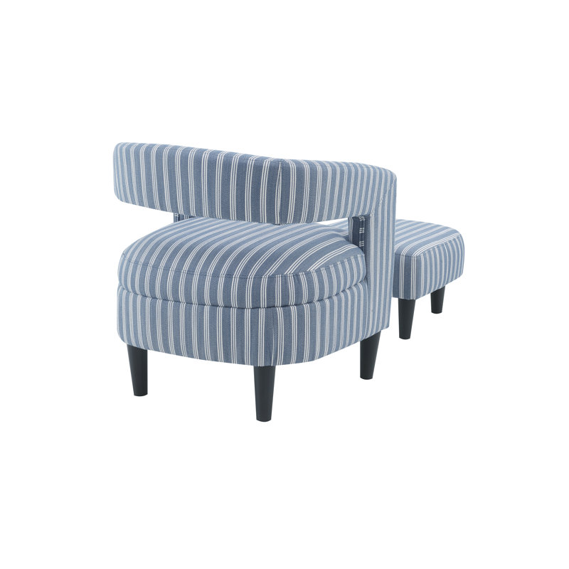 Modern Striped Accent Barrel Chair With Ottoman Set – Upholstered Armchair And Footrest, Blue And White Pinstripe Fabric, Mid-Century Inspired Design