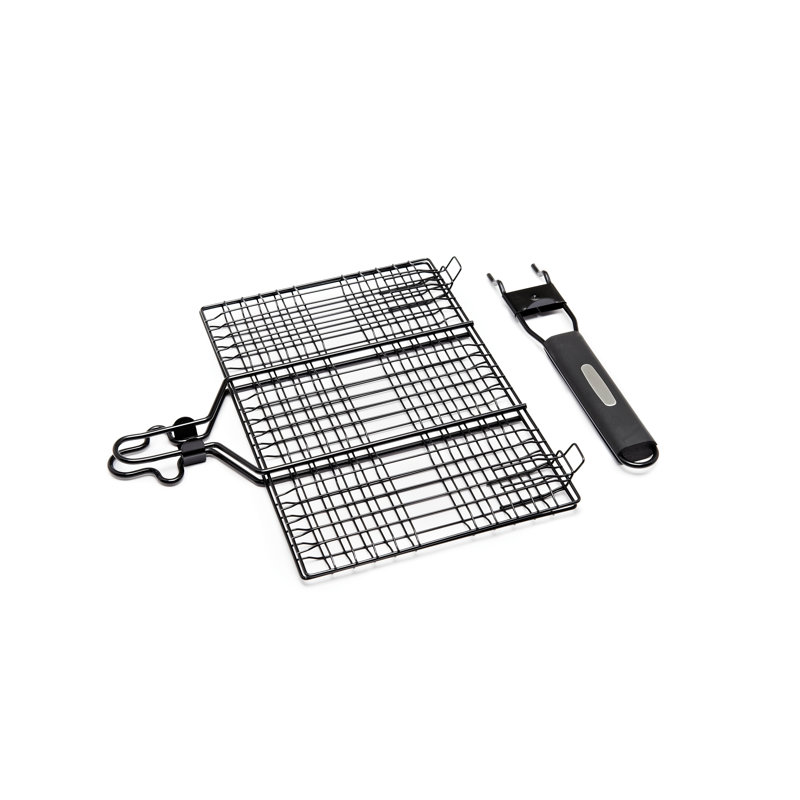Non-Stick Black Metal Hamburger Broiler Basket with Hardwood Handle