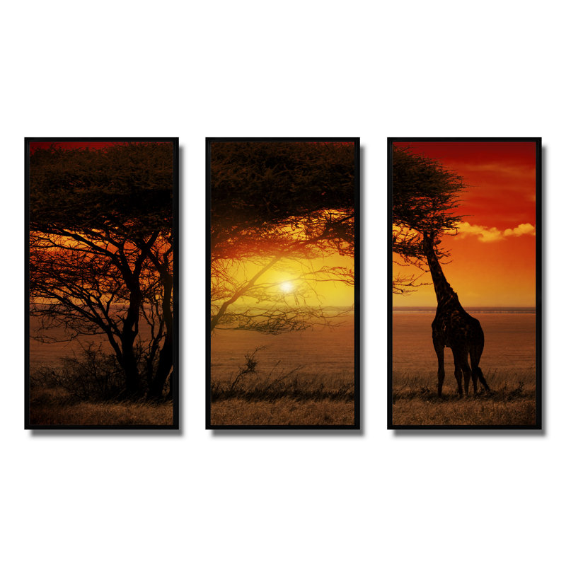 Typique coucher de soleil africain avec girafe - ensemble d'art mural sur toile encadré paysage, Cadre noir