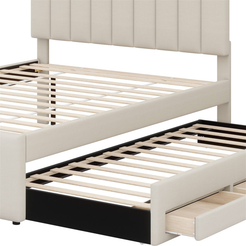 Lit plateforme tapissier avec lit gigogne et 3 tiroirs, Beige
