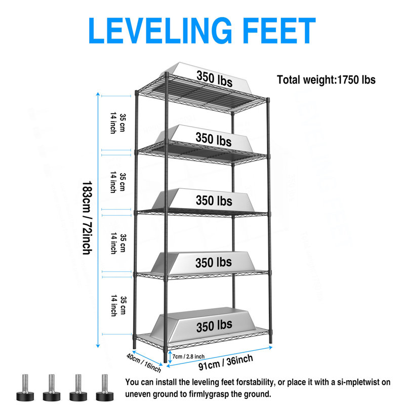 5 Tier Shelf Wire Shelving Unit, Black