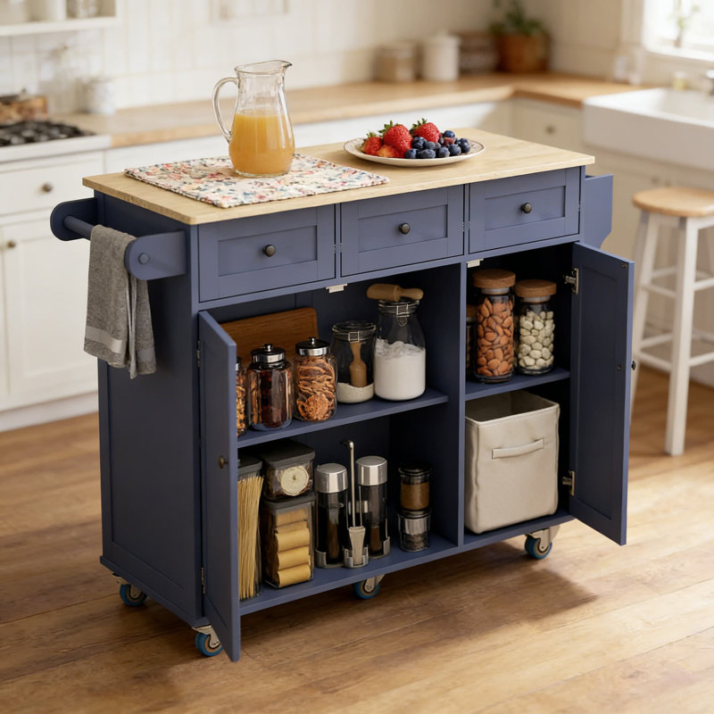 Rolling Kitchen Island Cart With Power Outlet, Drop Leaf Wood Top, 3 Drawers, Adjustable Shelf, Spice Rack, And Locking Wheels For Mobile Storage And Prep Space