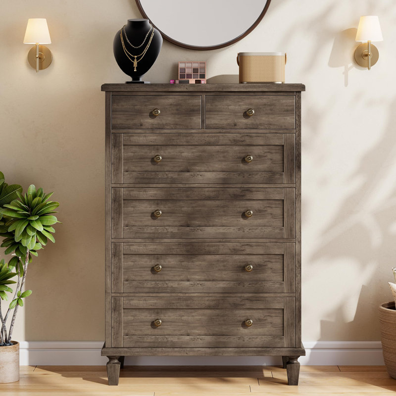 47" Tall Vintage 6 Drawer Wood Dresser with Carved Handles & Tapered Legs for Bedroom, Gray