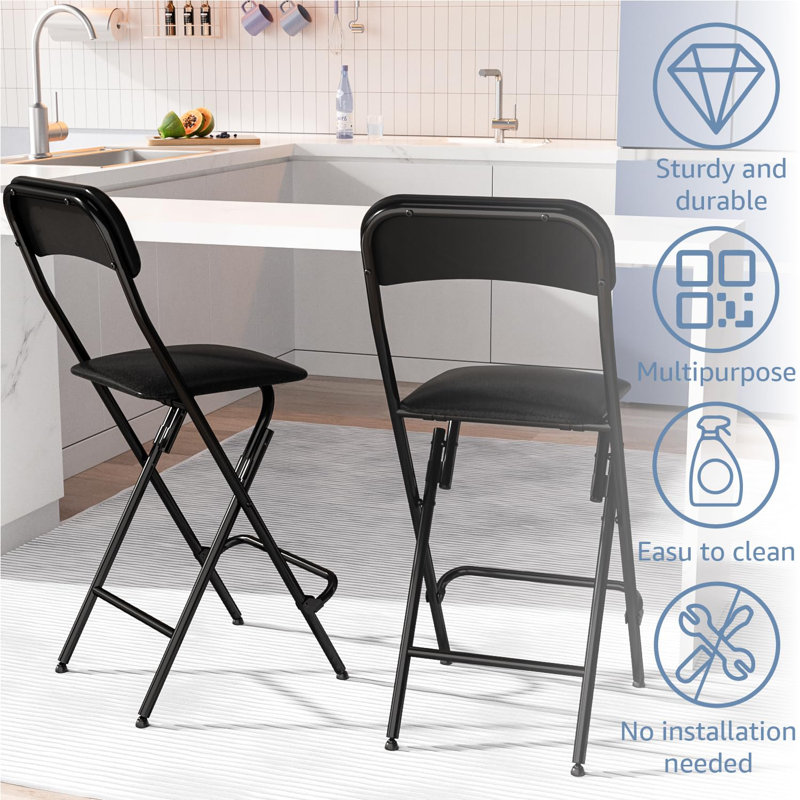 Tall Leather Padded Folding Bar Stool With Back, For Kitchen Bar - 2PC, Black, 19.3"D X 16.5"W X 38.2"H