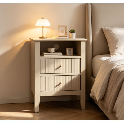 18" Beige Fluted Nightstand with 2 Drawers - Modern Bedroom Side Table with Gold Knobs