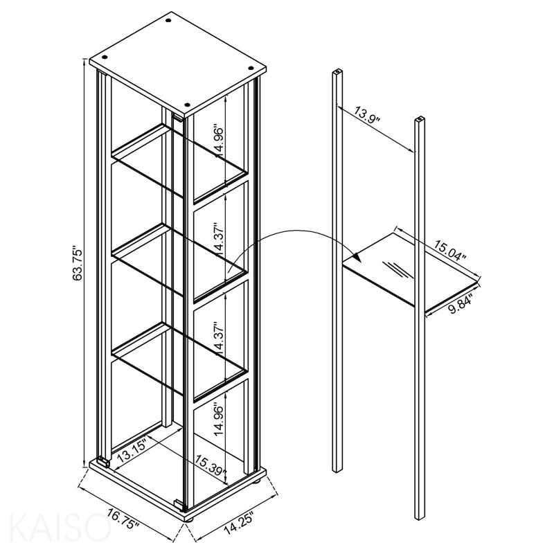 Vitrine noire à 4 tablettes, 63.75" H x 16.75" W x 14.25" D