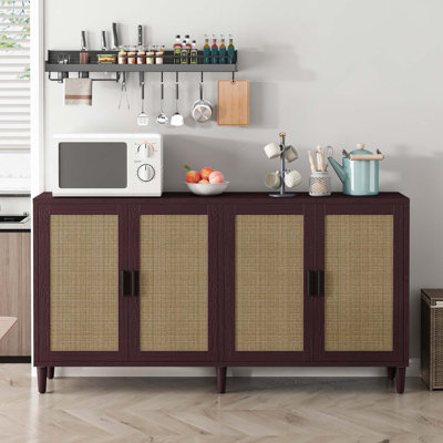 70" Rattan Buffet Sideboard Cabinet With 4-Door & Adjustable Shelves For Kitchen, Living Room And Dining Room, Easy Assembly