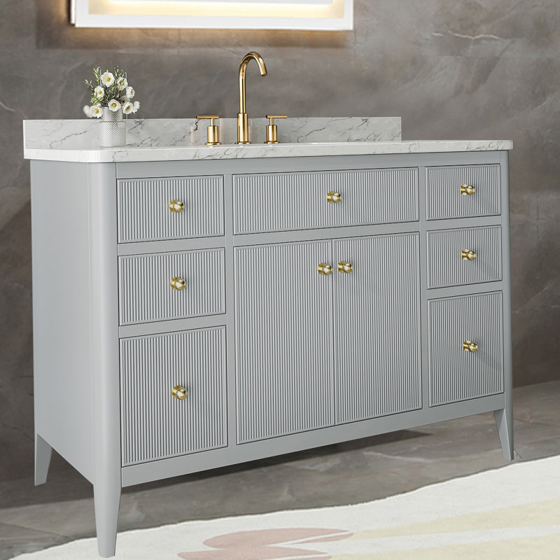 Ensemble de meuble-lavabo autoportant moderne en bois massif 48 po avec plateau en marbre, Gris clair