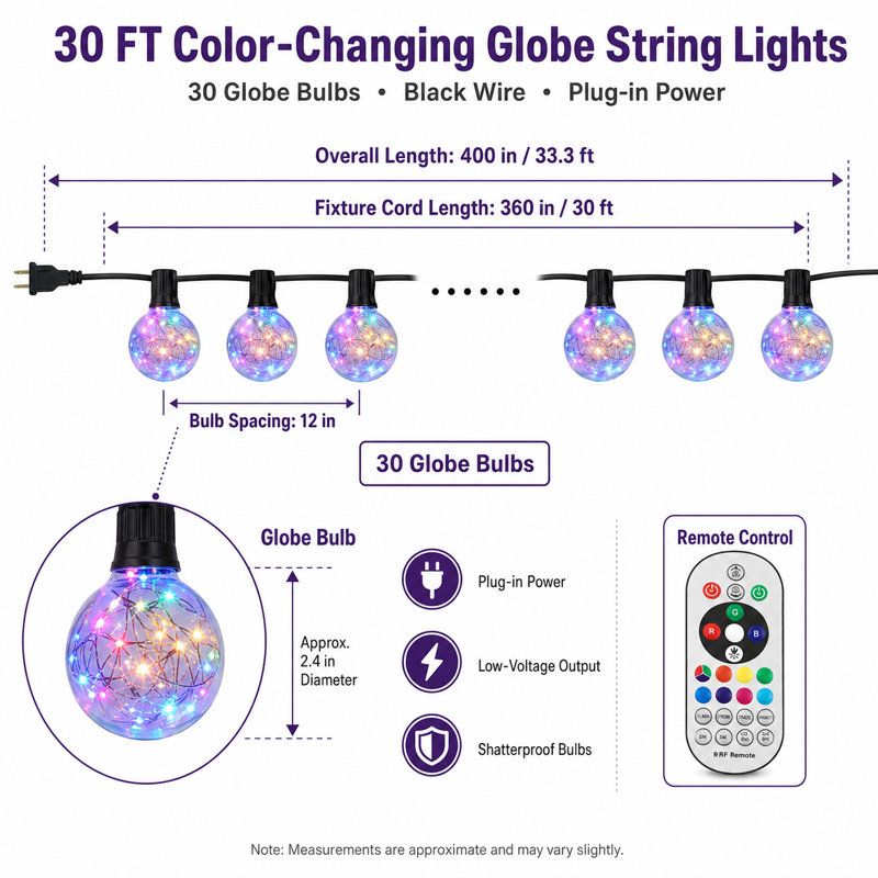 30 ft 30-Bulb Color Changing Outdoor Globe String Lights Shatterproof, Low-Voltage LED Party Patio Lighting