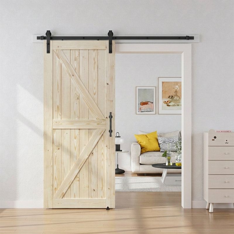 Porte de grange à panneaux en bois massif avec trousse de quincaillerie d'installation, Gris, 30 po x 96 po