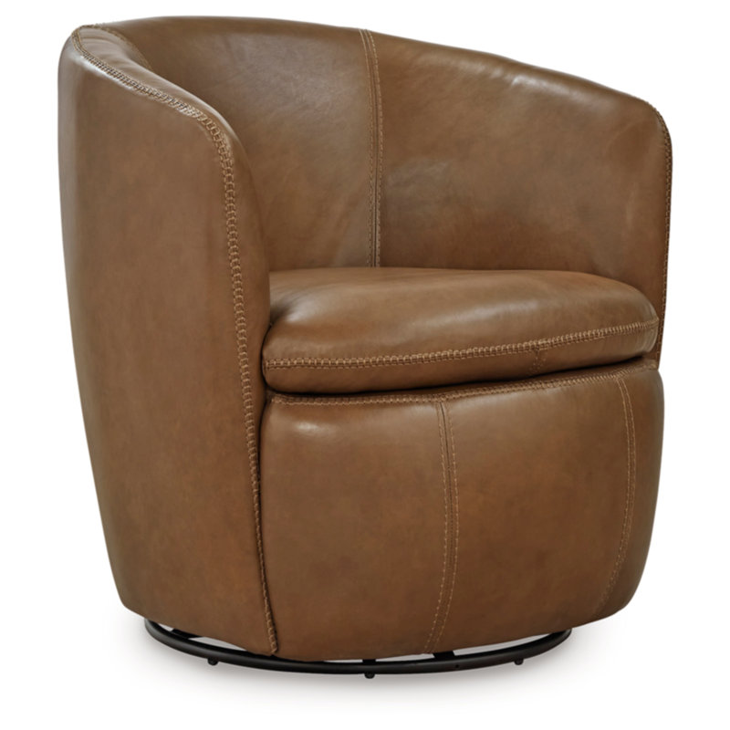 Caramel Brown Leather Barrel Swivel Chair