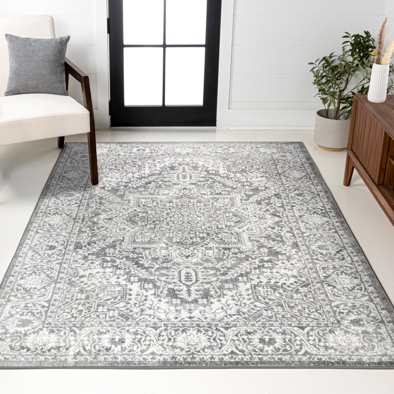 Tapis moderne gris clair avec médaillon perse rétro Blane, Rectangle 7 pi 9 po x 10 pi