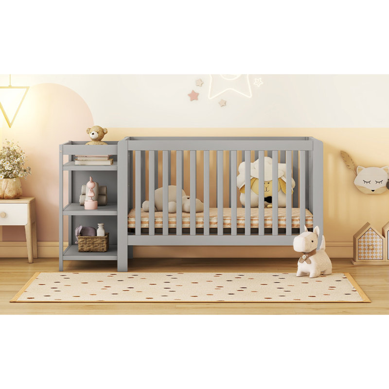 Lit de bébé convertible / lit double avec table à langer, gris