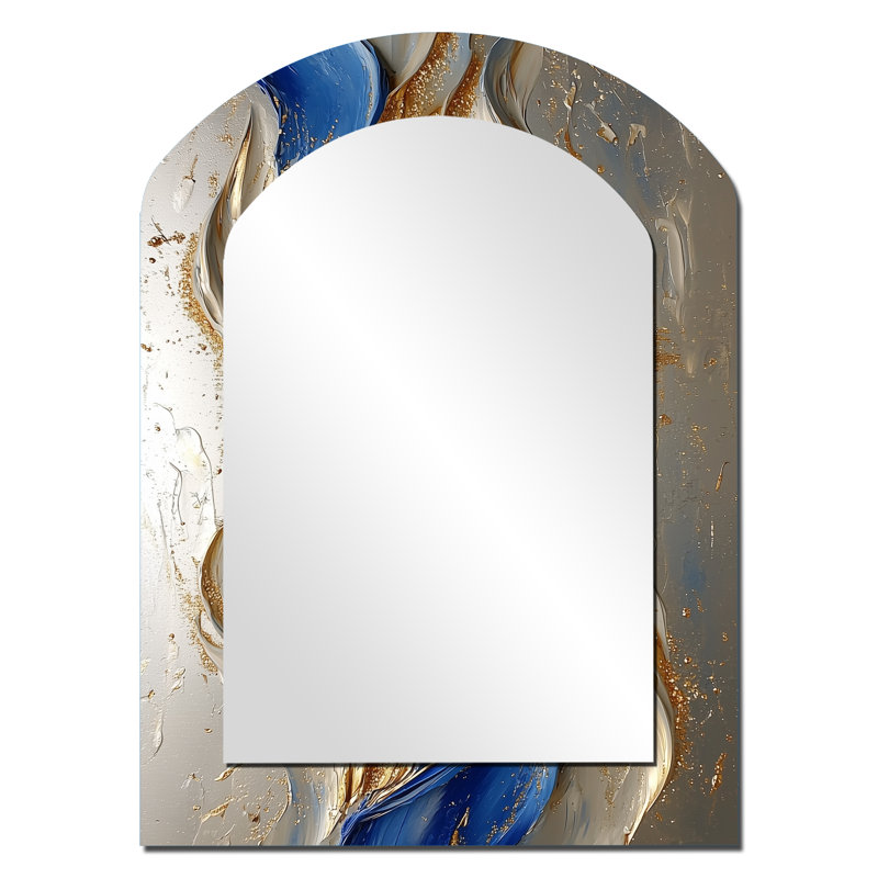 Rhythmic Golden Ink Waves Fusion II - Maze Arch Large Wall Mirror, Gold Asymmetrical Decorative Mirror, Printed Metal Art