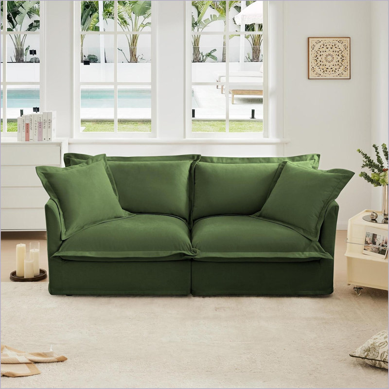 Canapé-lit moderne à 2 places avec housse amovible pour petits espaces, Sofas | Vert sauge, chenille