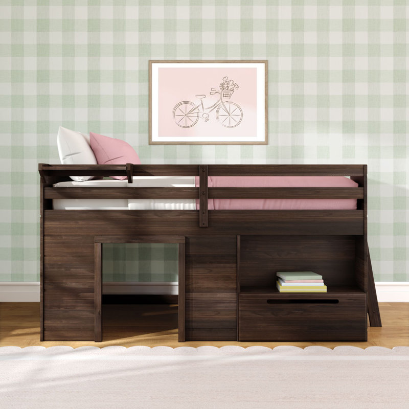 Lit mezzanine bas en bois massif avec tablettes Purdy Hill par Harriet Bee, Espresso