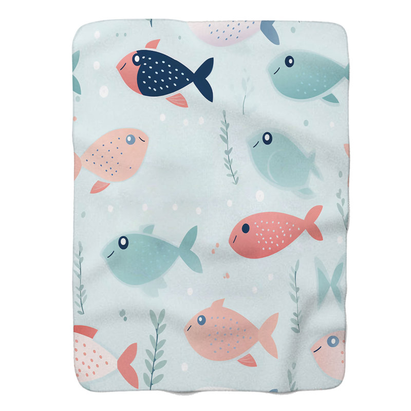 Adorable motifs de poissons - couverture en sherpa de qualité supérieure 1 pièce, Grand lit