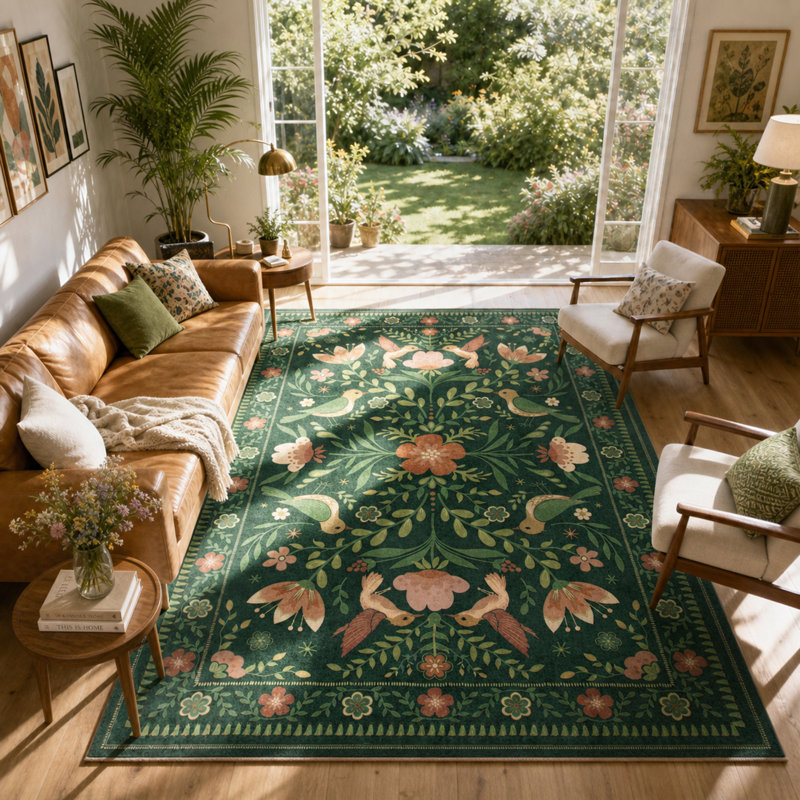 Goldene Boho Washable Botanical Dark Green Area Rugs for Living Room, Low-Pile Floral Rug with Non Slip Backing For Bedroom Dining Room