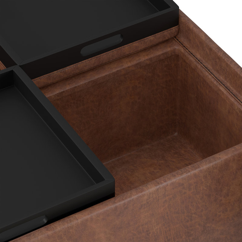 Avalon 35"W Upholstered Square Coffee Table Storage Ottoman with Flip-Over Trays, Black, Distressed Umber Brown Faux Leather