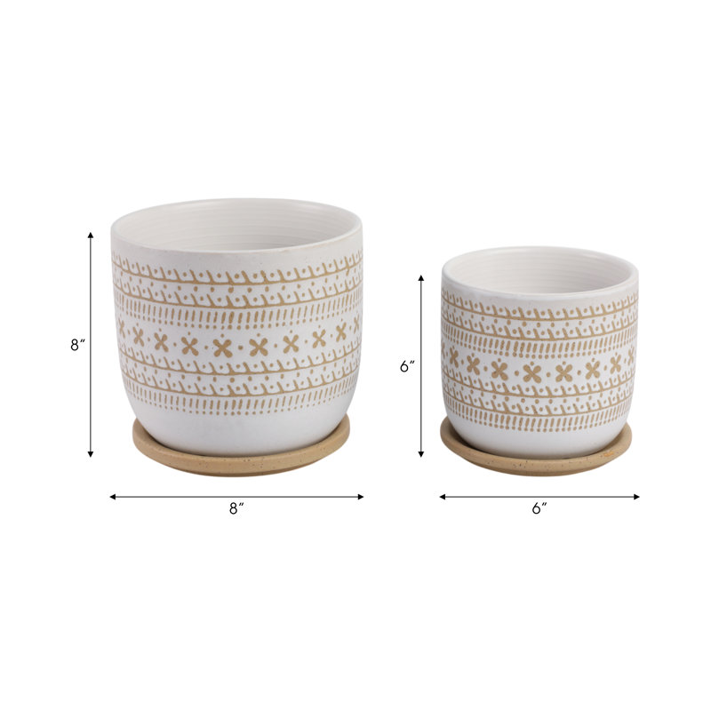 Ceramic Saucer Planters With Textured Circular Design, Durable Modern Accent Planter Pots, Contemporary Style Containers For Indoor Decor, Set Of 2