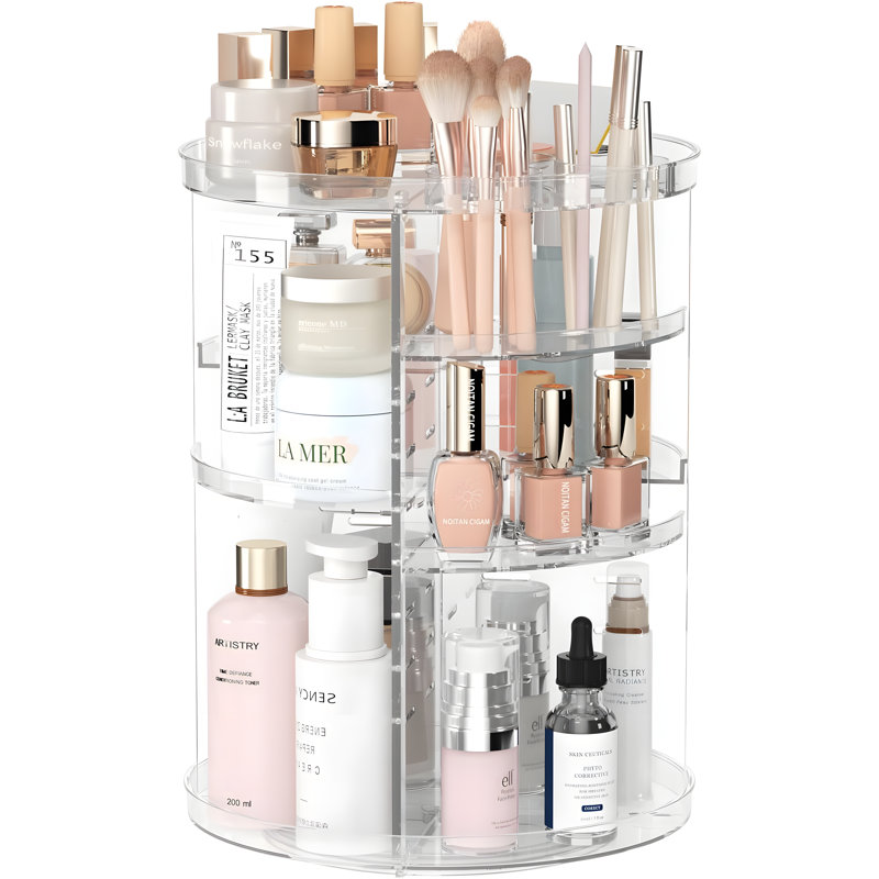Organisateur de maquillage rotatif à 360 degrés avec 8 couches réglables, tour de carrousel de rangement pour les soins de la peau, comprend un porte-brosse et des plateaux de parfum, une vitrine de maquillage pour meuble-lavabo ou salle de bain