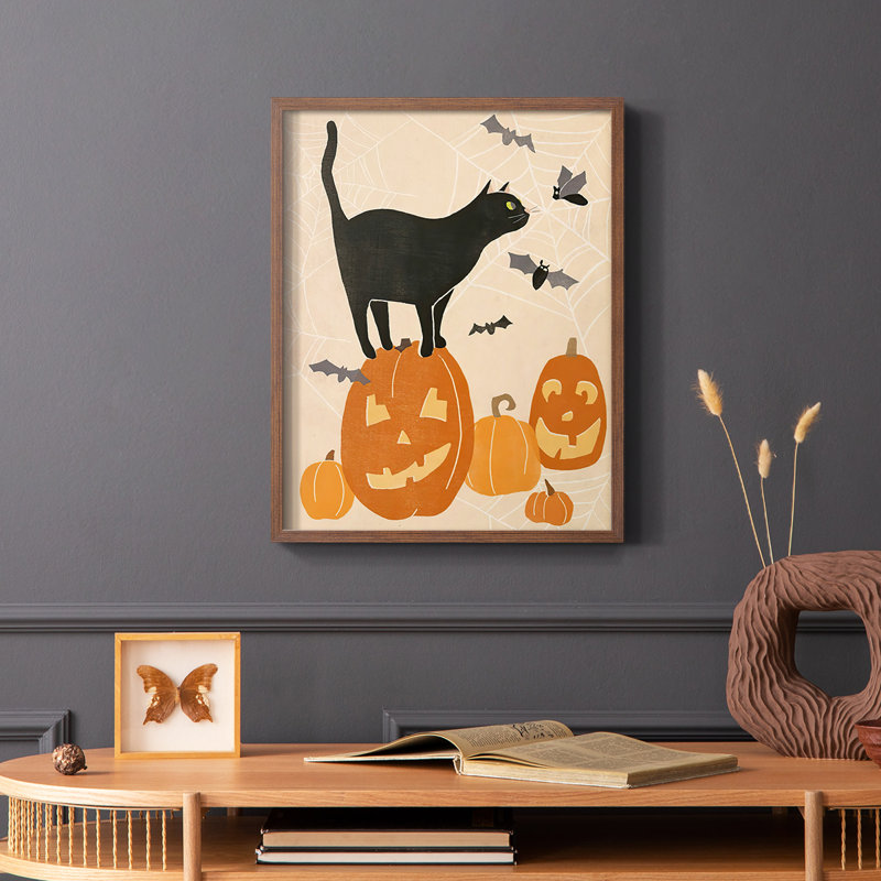 «Pumpkin Patch Cats I», reproduction encadrée - bois massif, Cadre photo brun simple, H 14 po x l 11 po