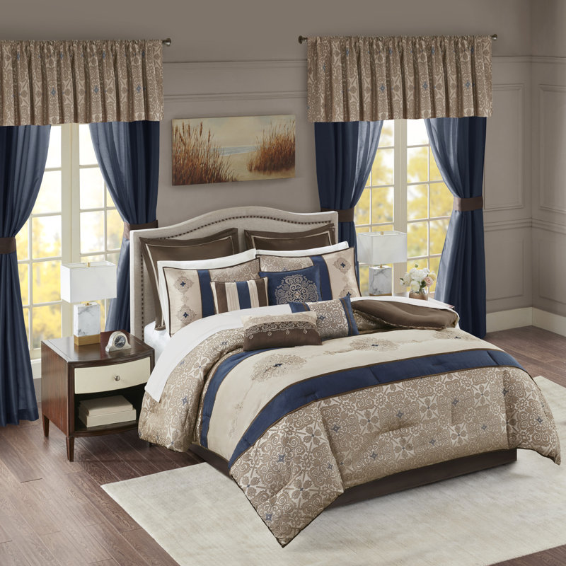 Navy Jacquard Microfiber Queen 24-Piece Bedding Set