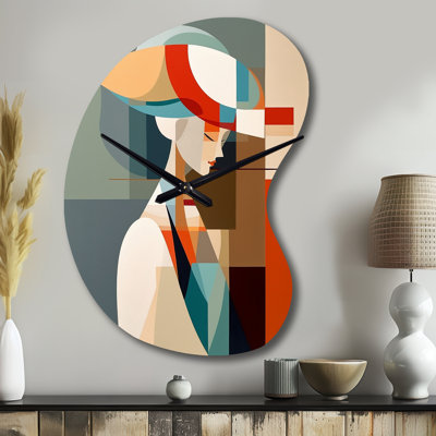 Female Art Deco Portrait IV - Woman Pop Art Unique Shape Metal Clock, Modern Asymmetrical Wall Clock Print