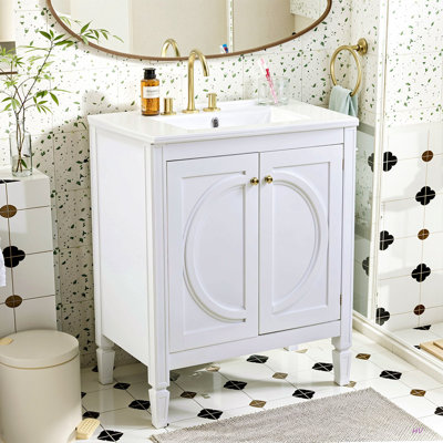 30" No Assembly Needed Vintage  Bathroom Vanity With Ceramic Sink,Two Soft-Close Doors & Adjustable Shelf,Modern Farmhouse Style